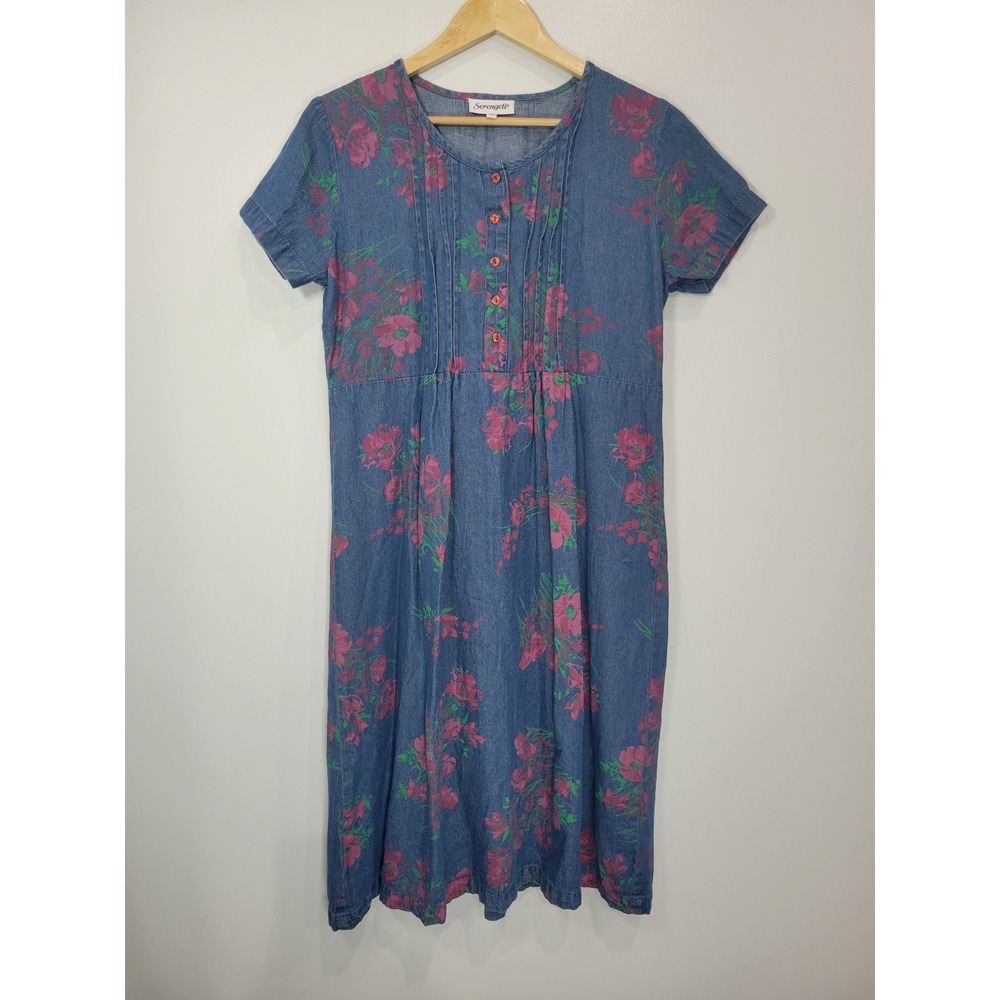 Serengeti Womens Blue Floral Denim Pintuck Short Sleeve Midi Dress Medium